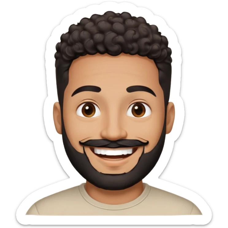 Latino man in his late 30s with warm brown skin. Round face. Big bright smile showing joy. Lively dark brown eyes. Thick defined eyebrows. Short tight curly black hair with fade on sides. Full black beard, neatly trimmed. Wearing a light beige round-neck t-shirt. sticker