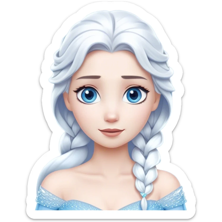 Cinematic Serene Snow Queen Portrait Emoji, rendered in a simplified vector style. Depict a gentle Elsa (chest and above) with delicate icy skin, softly cascading platinum hair, and calm, reflective blue eyes, dressed in her classic ice-blue gown. The image exudes a soft, luminous frosty radiance with high shine and a subtle glowing outline. sticker