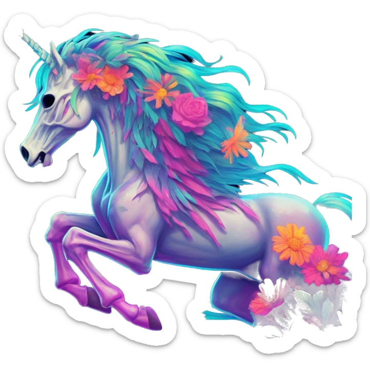 Neon Zombie Pegasus unicorn skeleton psychedelic flowers floral groovy art neon rave raving sticker