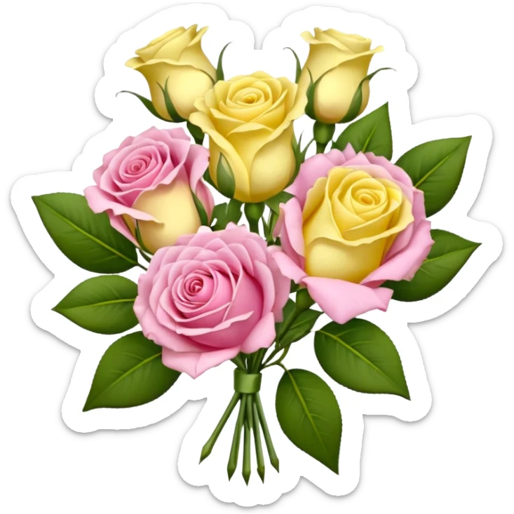 A mixed bouquet of four flowers, featuring pink roses and yellow lisianthus. sticker