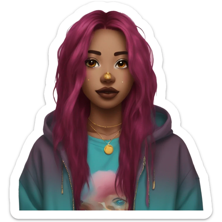 Deep pink maroon burgundy cyan dark hoodie person dyed hair and gold piercings nose piercing ear piercings sticker