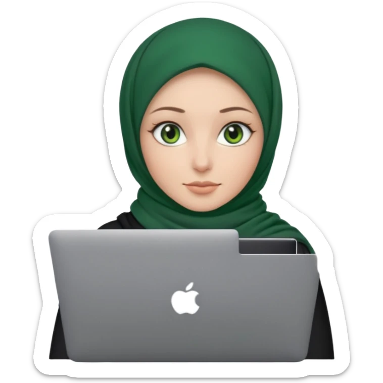 women with black scarf hijab , with green eyes  ,without hair, with macbook sticker