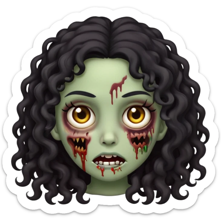 Emoji garota zumbi de cabelo cacheado longo preto olhos castanho escuro sticker