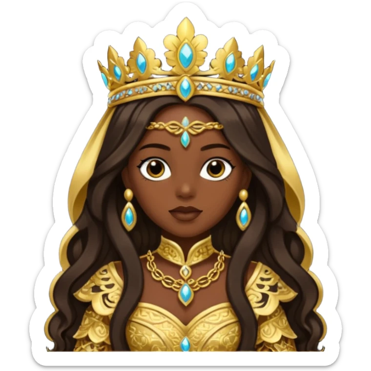 Bilquis from American Gods with dark skin, dark brown long hair, gold outfit sticker