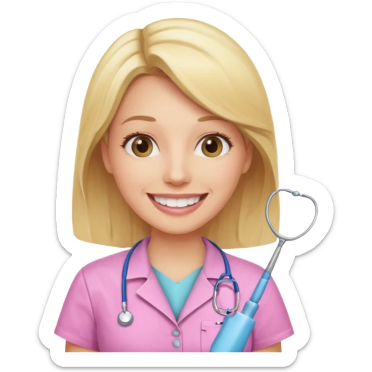 dentista mulher, loira, pele branca, camisa rosa, sorrindo transmitindo verdade e confiança sticker