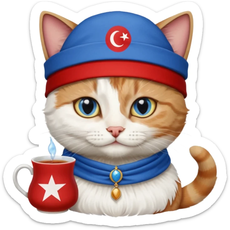 Arkasında Türk bayrağı olan  ve çay içen kafasına fes takan bir van kedisi sticker