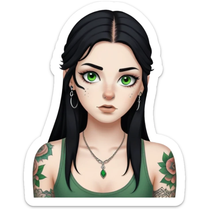 Pale White girl with long black hair and green eyes and freckles. Thin black eyebrows and long eyelashes with eyeliner. Right Eyebrow piercing, right nose piercing, and left lip piercing. Lots of tattoos. sticker