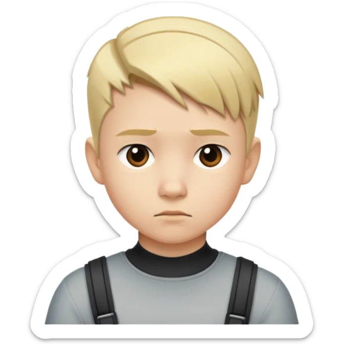 "- Nam
- 10 tuổi
- Da trắng
- Tóc ngắn, vàng, tóc vuốt undercut gọn gàng
- mặt nghiêm túc
" sticker