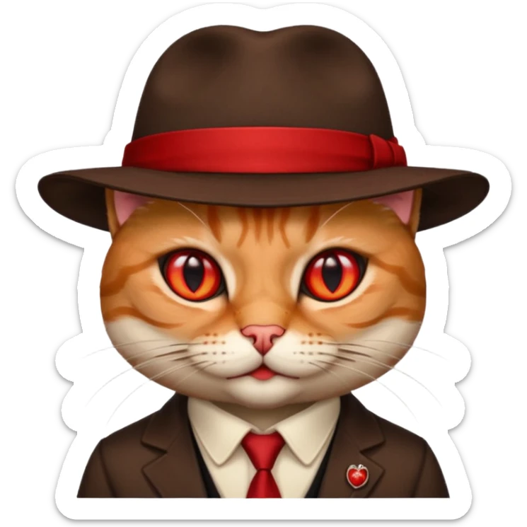 cat corleone mafia, red eyes, close head photo, hat brown with red emblement sticker