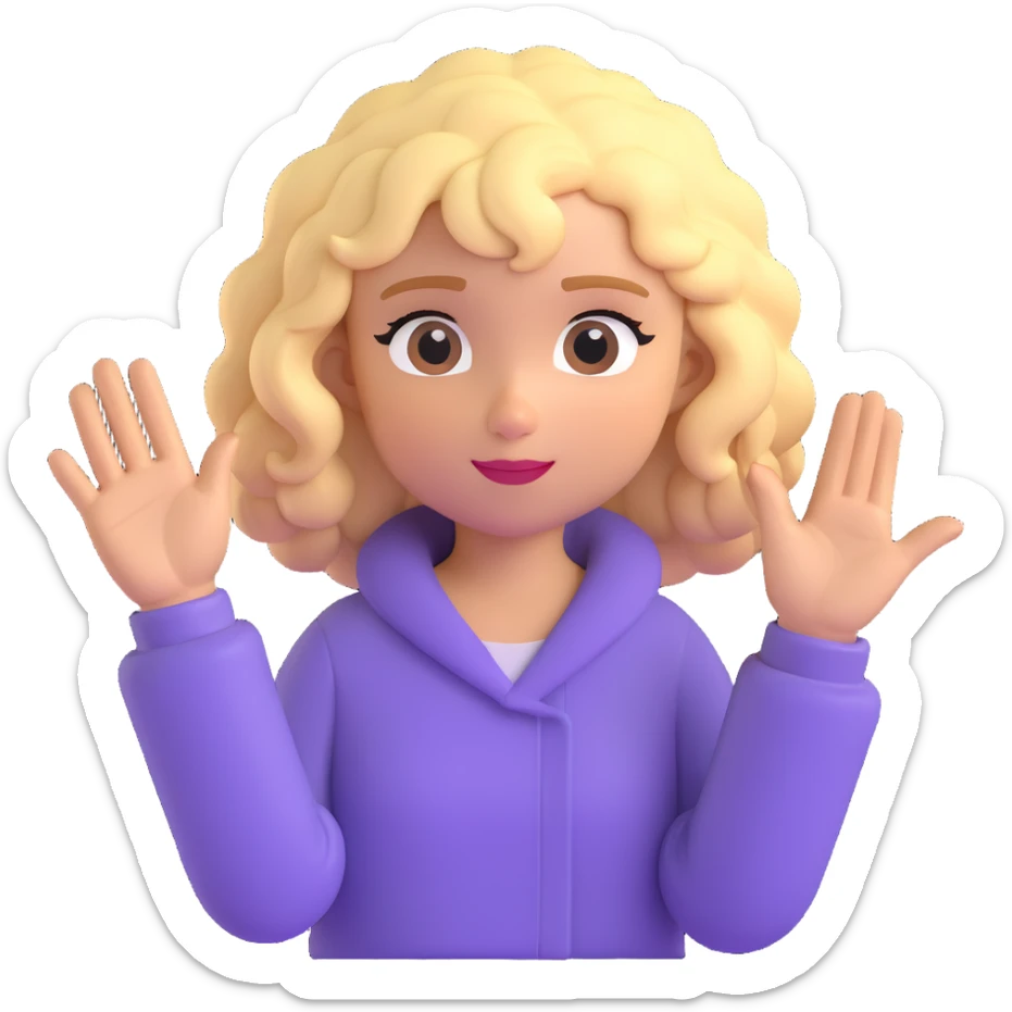cartoon blonde girl with curly hair, palm facing forward in a stop gesture sticker