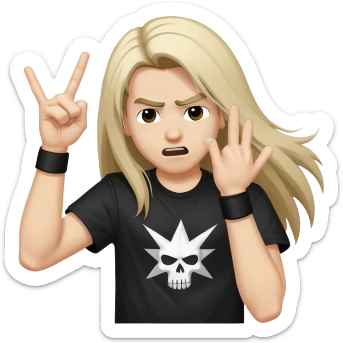 A person headbanging with long hair, wearing a black band t-shirt, making rock hand gesture sticker