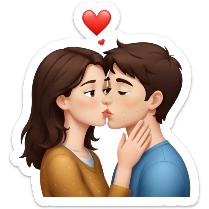 brunette Girl with freckles kissing a brunette boy sticker