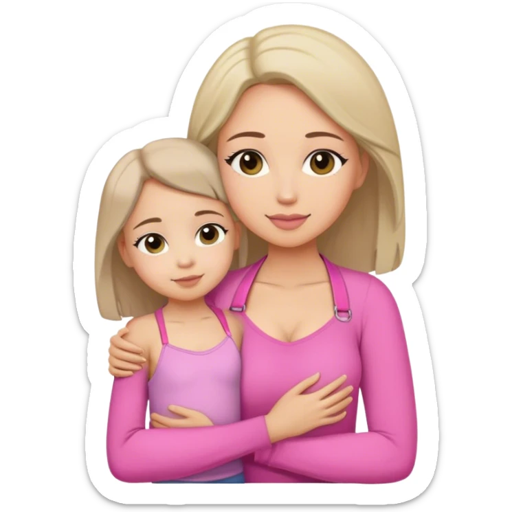 MADRE Y SU HIJA COLOR PIEL CANELA ABRAZANDOSE (BLUSA DE MANGAS LARGAS GRIS PARA LA MADRE Y BLUSA CORTA DE TIRAS ROSA PARA LA HIJA) sticker