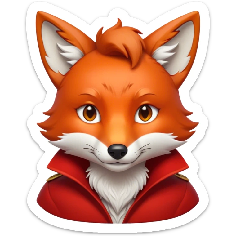 Cinematic Noble Fox Portrait Emoji, Poised and regal, with a lithe, agile build and a lush, fiery red coat accented by white markings on the chest and tip of the tail, deep-set soulful amber eyes, Simplified yet sharp and sophisticated features, highly detailed, glowing with a warm, dignified glow, high shine, intelligent and cunning, stylized with an air of wild elegance, focused and attentive, soft glowing outline, capturing the essence of a watchful and confident forest wanderer, so majestic it feels as though it could dash out of the screen with effortless authority! sticker
