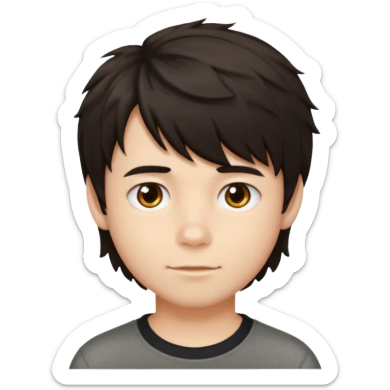 A boy no long hair À emoji that don’t smile Dark brown thick hair with natural volume, medium-length textured top, loose slightly wavy hair, soft messy fringe falling forward, short tapered sides (not shaved), natural unstyled look, realistic emoji style, neutral expression. sticker