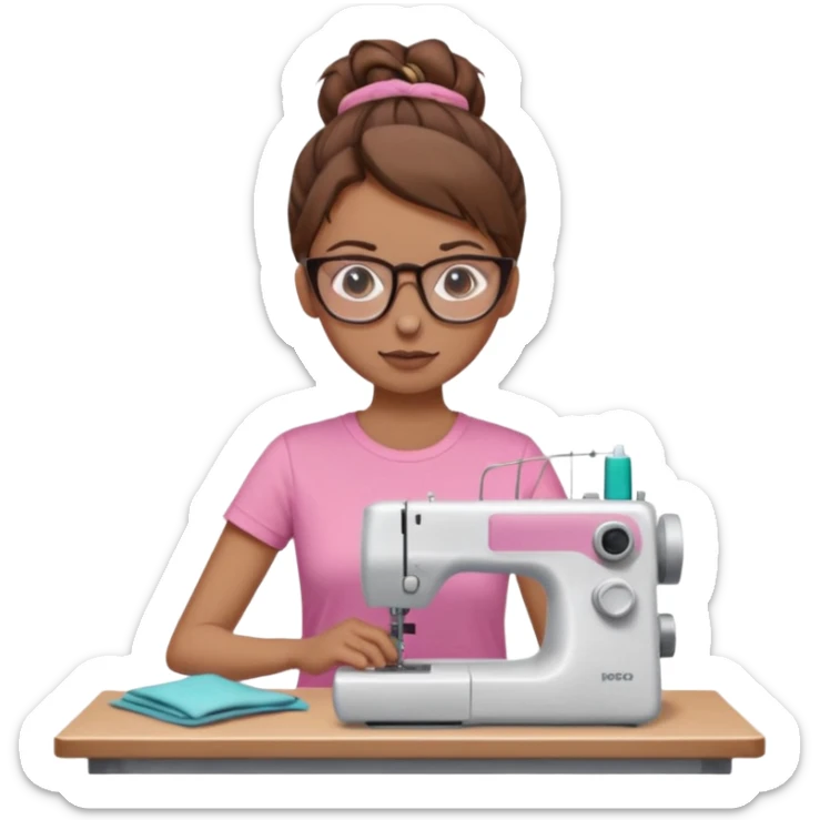 Woman with glasses and brown hair in pink t shirt meme with messy bun using a sewing machine  sticker