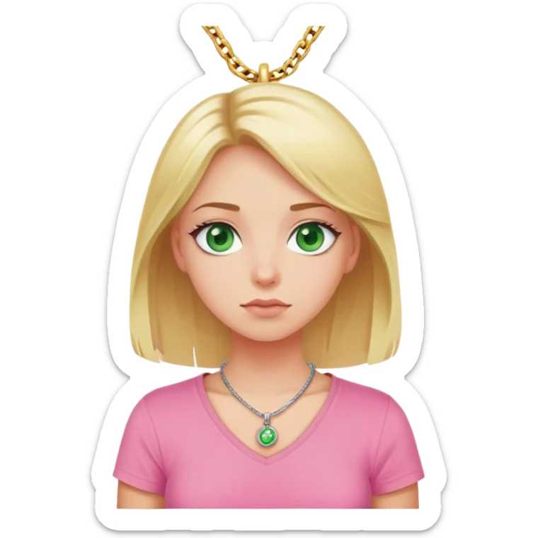 Make a blonde girl with green eyes, who rolls her eyes, in a pink T-shirt with a pendant around her neck sticker