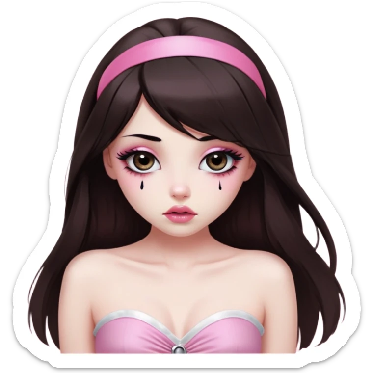 girl with white skin, dark brown long straight hair falling in front of her body, very big pouty extra shiny lips with absolutely no cupid's bow, shiny large eyes with black eyeballs and long eyelashes, lighter button nose, very long oval-shaped face, wearing a pink bandeau top with straight neckline, looking directly at camera with hands down at sides sticker