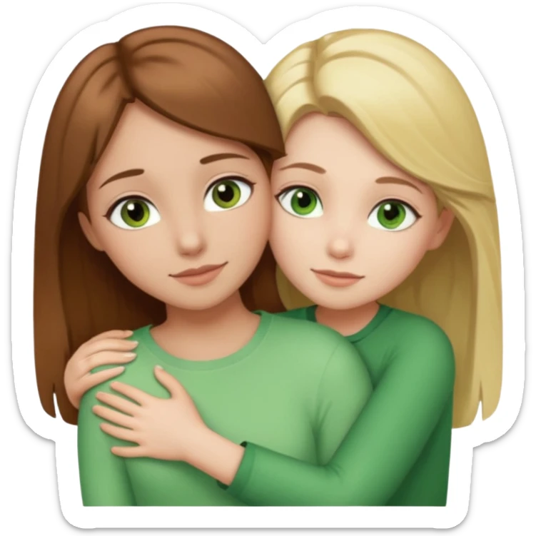 Maman : cheveux marrons, yeux marrons peau blanche fille cheveux blond yeux verts peau blanche qui se font un câlin  sticker