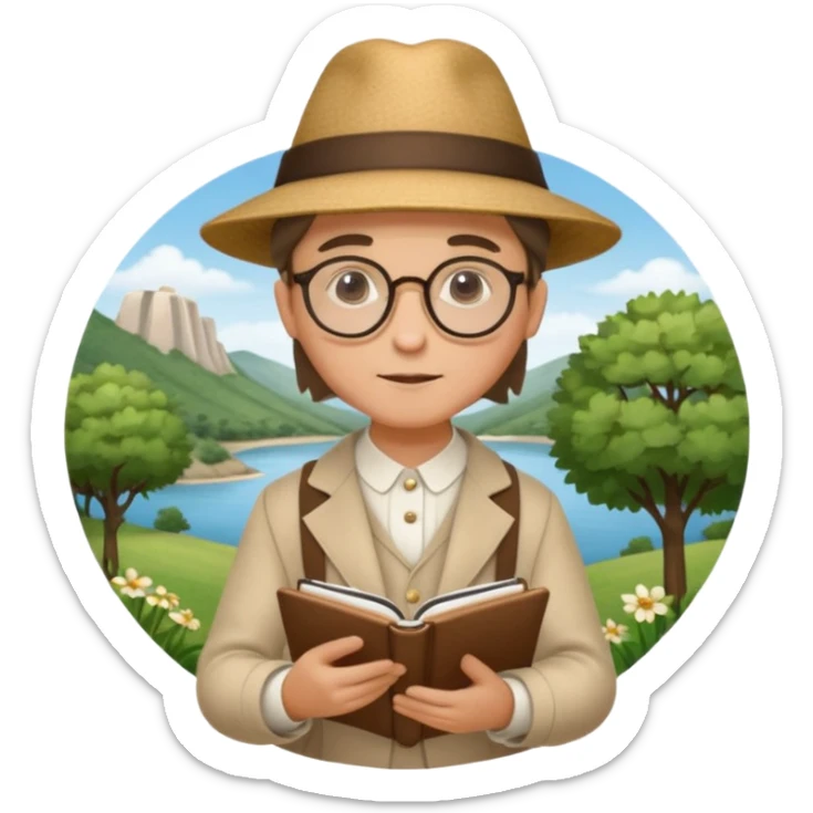 poet in traditional costume wearing a chapeau and round glasses holding a notebook surrounded by nature gentle thoughtful expression sticker
