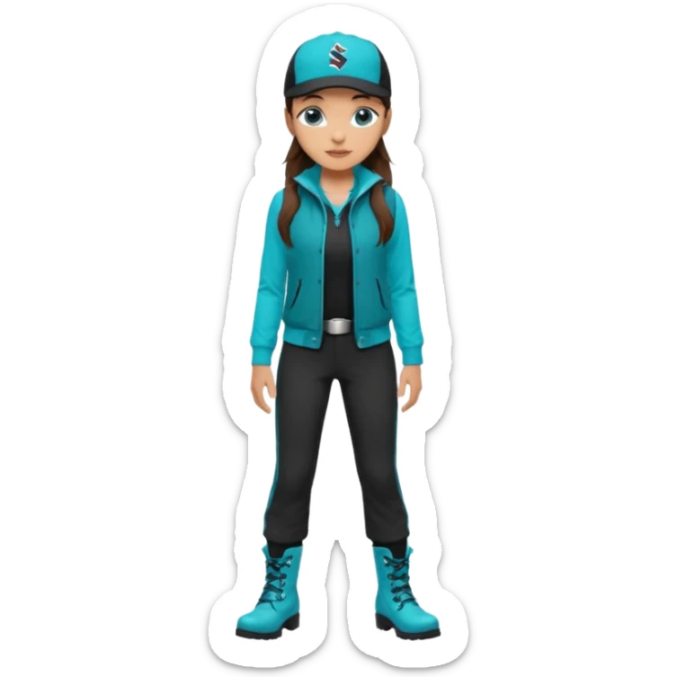 A landscaper in a beautiful turquoise jacket with long sleeves and turquoise boots, black pants, and a black sleeveless shirt. On his head is a black Swissotel baseball cap. The girl is a brunette with blue eyes. sticker