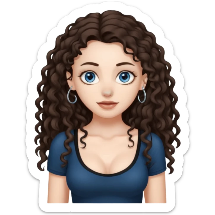 white girl, dark brown long slightly curly hair , skinni but with big breast , septum piercing on nose, beautiful dark gray-blue eyes, showing her toes , sticker