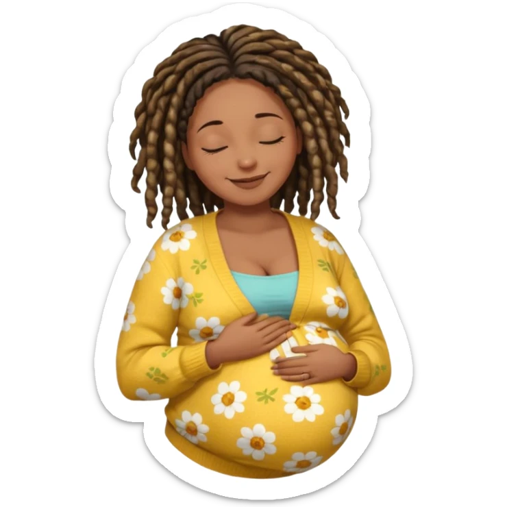 pregnant black woman with dread lock hair happily touching her big belly while wearing casual shirt and yellow warm  flowery cardigan closing her eyes and smile wamrly sticker