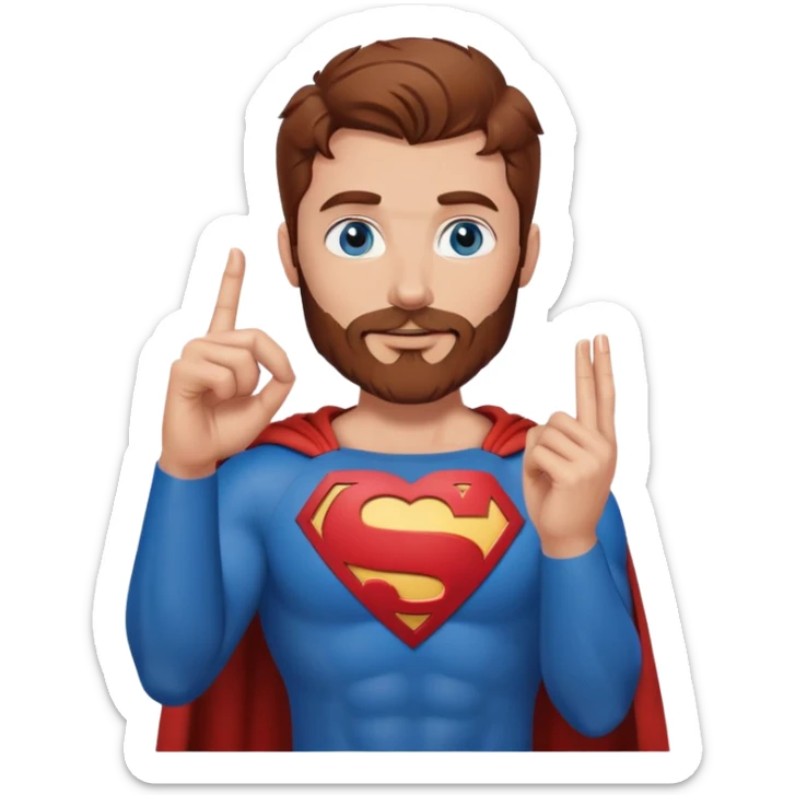 Adult Superman with blue eyes redish brownish hair and full scruffy beard making a heart with his fingers sticker