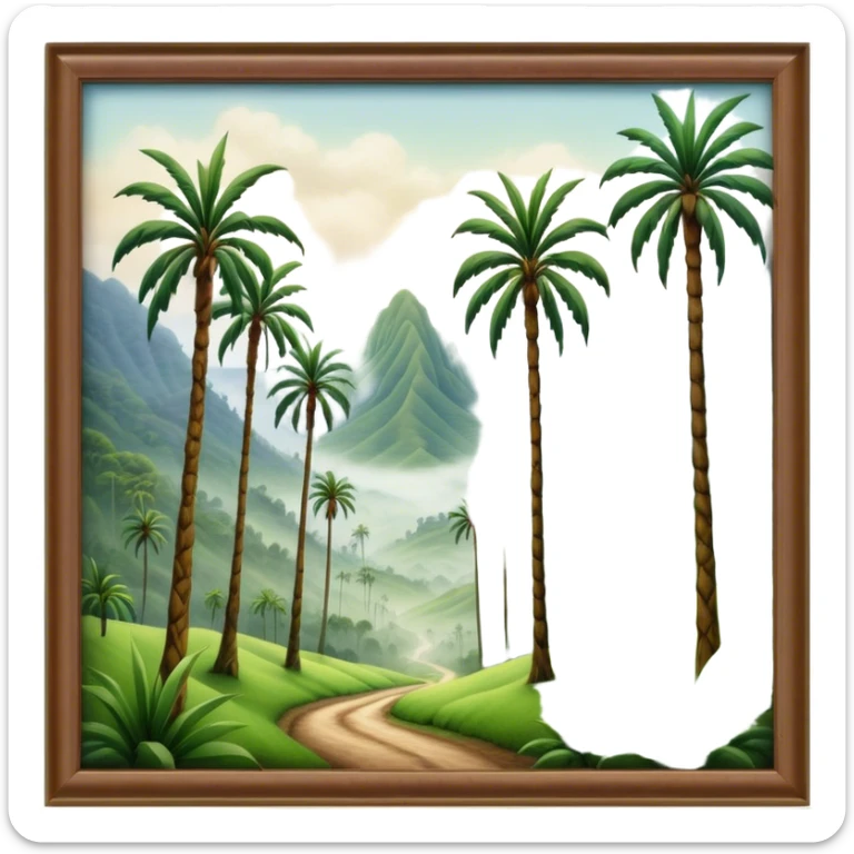 Cinematic Realistic Cocora Valley Landscape Emoji, depicted with towering wax palm trees in a lush, misty valley rendered with rich textures and dynamic, natural lighting. sticker