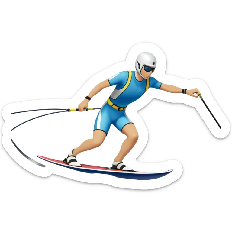 humanless icon showing water skis on the surface of the water, with ski ropes trailing behind. In the background, a boat fades into the distance, leaving a wake. The focus is on the skis gliding across the water. Transparent background highlights the thrill and speed of water skiing. sticker