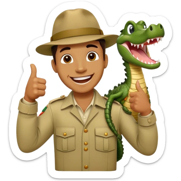 Cinematic Realistic Steve Irwin Portrait Emoji, in his signature khaki attire, holding a crocodile or giving an excited thumbs-up. The scene is lit with vibrant, natural sunlight, emphasizing his adventurous spirit and deep connection to nature. sticker