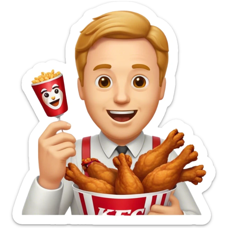 "Create an emoji of a white man holding KFC chicken wings with a happy and excited expression. Add the phrase 'Absolute Cinema' in bold text, making sure it covers the entire screen and stands out clearly. Use a vibrant and expressive style." sticker
