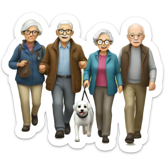 group of elderly people walking their dogs in the countryside sticker