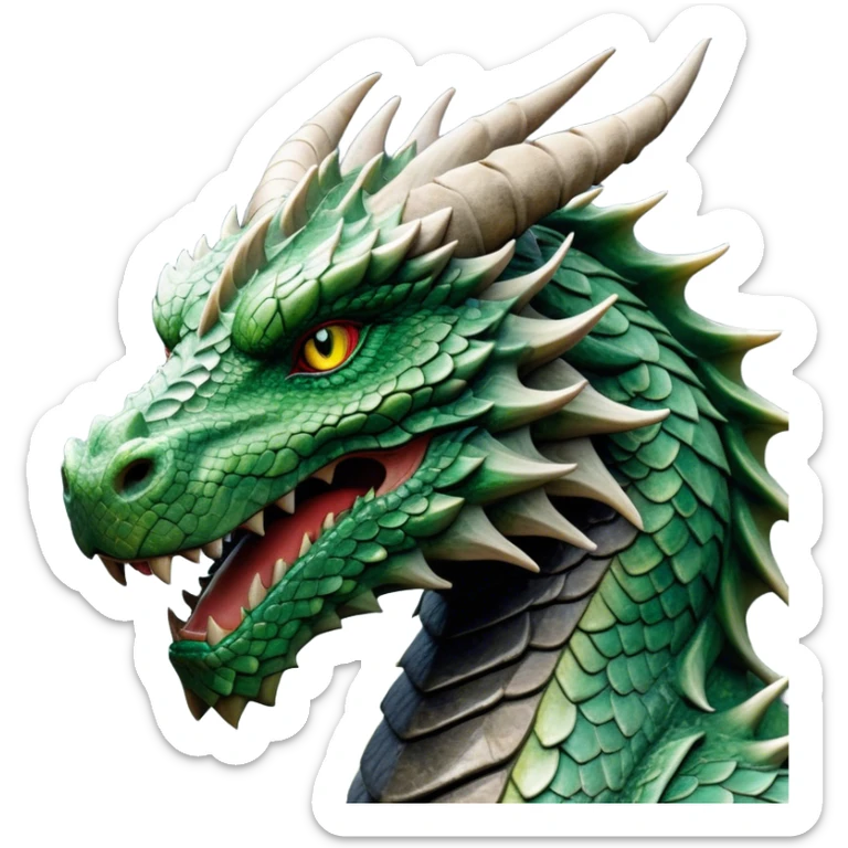 Cinematic Noble Giant Green scaled Dragon Portrait Emoji, Poised and awe-inspiring, with a massive, rugged form carved from ancient stone, featuring intricately textured scales that resemble weathered granite and basalt, and piercing, stony eyes echoing the strength of timeless mountains; rendered with lifelike detail and earthy natural highlights, high shine, formidable and grounded, styled with an aura of primordial majesty, focused and resolute, soft glowing outline, capturing the essence of an enduring rock titan ready to surge from the screen with ageless power! sticker
