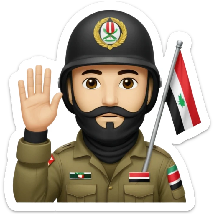 surrenders, depicts an Iraqi soldier from 1980, with a beard, in a helmet, a helmet with sign flag Iraq, with a balaclava, with sad eyes and both hands raised up sticker