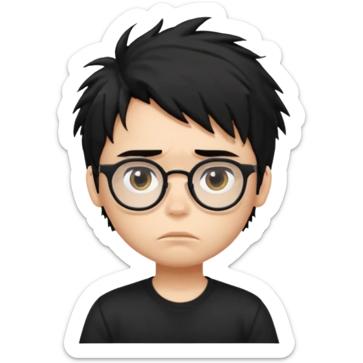 generate a pretty bratz fair skinned boy with black messy hair wearing a black tshirt looking bored n tired. Glasses on sticker
