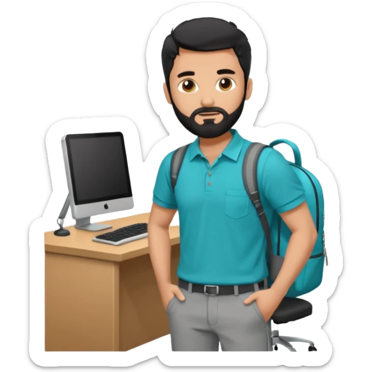man with blackshot male hair and black hair and beard and hes in a office with his grey backpack on the floor and he has a tourquos polo shirt with backpack on floor on desk computer and grey pants sticker