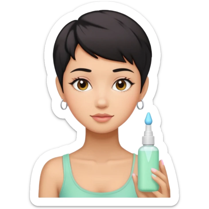 tan girl with black hair & a pixie cut no earrings doing cute pastel colors skin care sticker