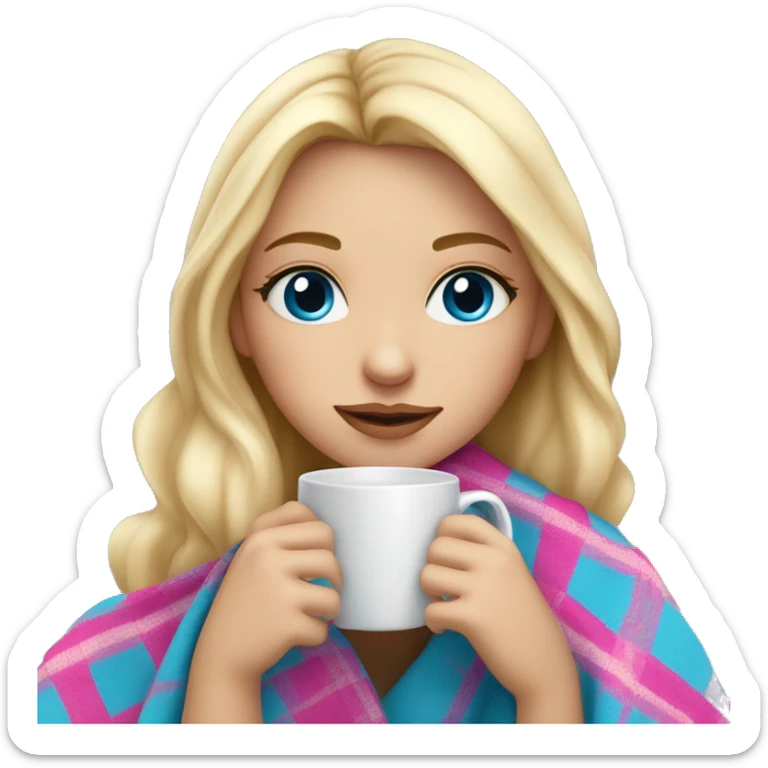 cute blonde girl with long hair wrapped in pink plaid blanket drinking coffee blue eyes sticker