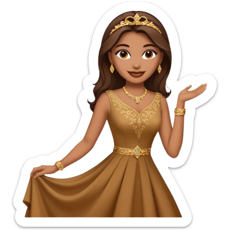 Woman using a long elegant dress. She has medium skin tone and a brown with gold makeup sticker