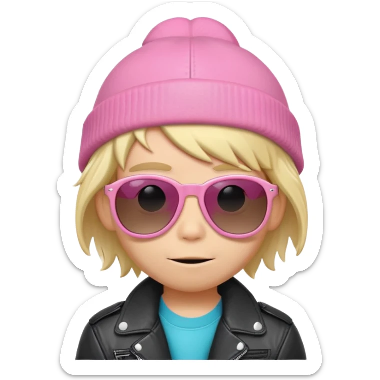 A blonde boy with surfer hair and a leather jacket and a pink Paul frank beanie and wonky sunglasses sticker