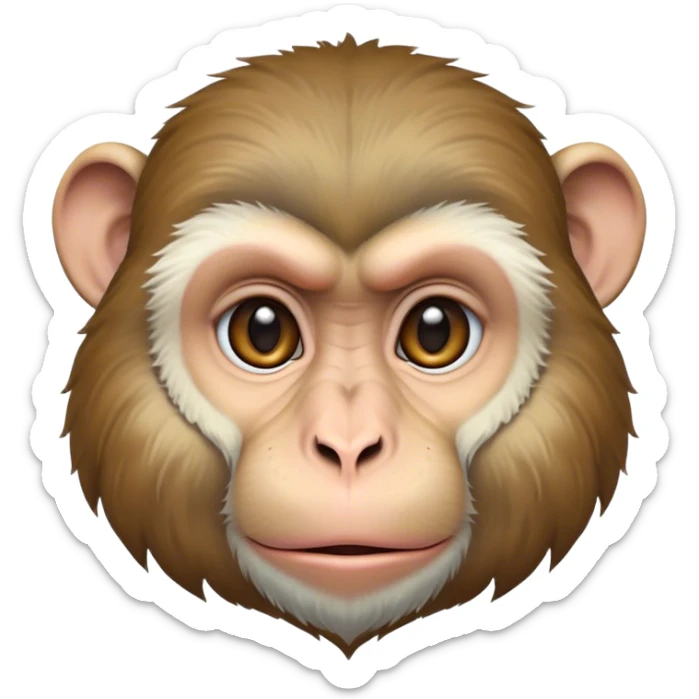 Cinematic Noble Macaque Portrait Emoji, Poised and regal, with a smart, agile build and expressive, deep-set eyes, adorned with soft, detailed fur and a dignified expression, Simplified yet sharp and sophisticated features, highly detailed, glowing with a soft, natural radiance, high shine, intelligent and commanding, stylized with an air of primate nobility, focused and alert, soft glowing outline, capturing the essence of a watchful and confident guardian that appears ready to leap out of the screen with effortless authority! sticker