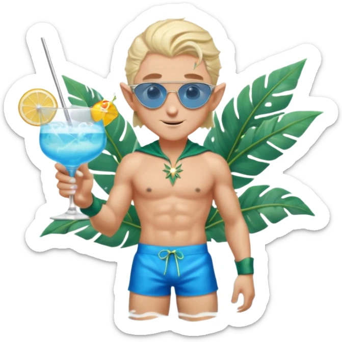 elf male legolas in stylish blue swim trunks, palm extended over cocktail glass, conjuring swirling frost and mist to chill it, silver aviator sunglasses, pointy ears, confident smirk, minimalist beach bar backdrop, centered emoji, summer magic sticker