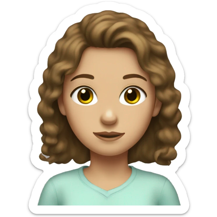 girl with shaggy shirt brown hair, green hazel eyes, faint freckles, and a light blue shirt sticker