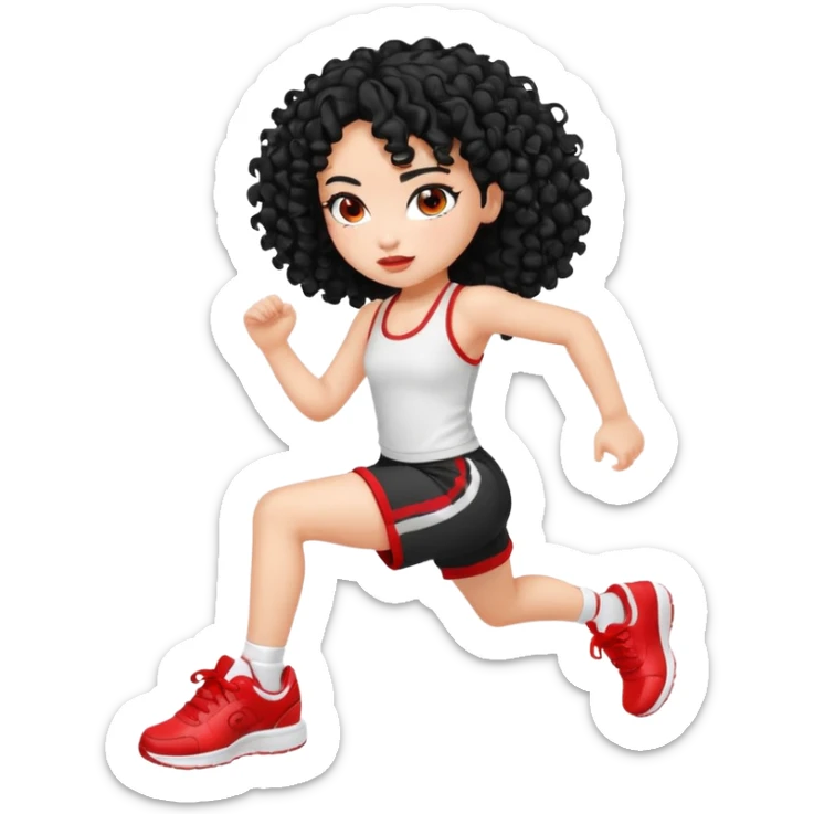 generate a pretty bratz fair skinned girl with curly black hair wearing a white gym set and excersing with red shoes on sticker