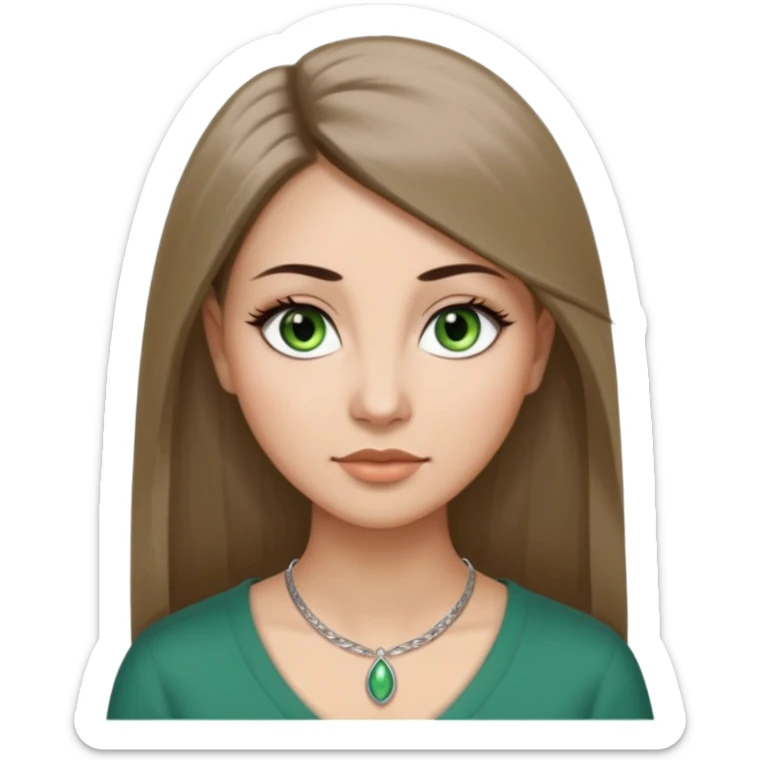 Adult woman avatar, light skin tone, oval face, long straight ashy brown hair, green almond-shaped eyes with dramatic eyelashes and minimal eyeliner, neutral mouth, medium straight eyebrows, small nose, smooth skin sticker