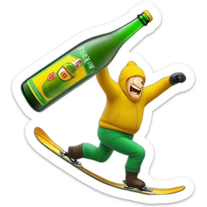 man-skiing-over-a-giant-green-bottle-of-buckfast-tonic-wine-with-slogan-made-my-monks-makes-you-drunk-fast-on-a-yellow-label-on-the-bottle sticker