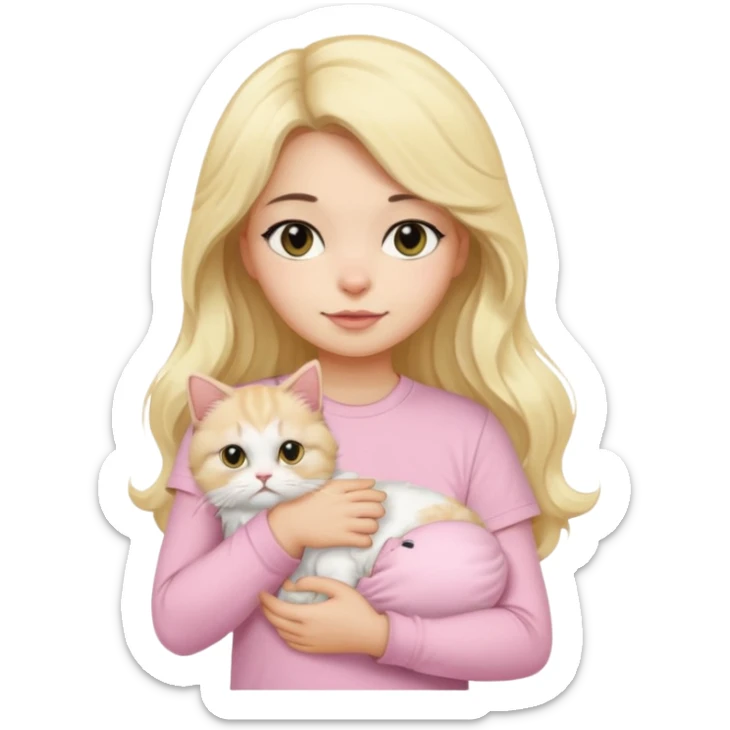 a black long wavy hair girl using a baby pink t-shirt holding a blonde persian cat sticker