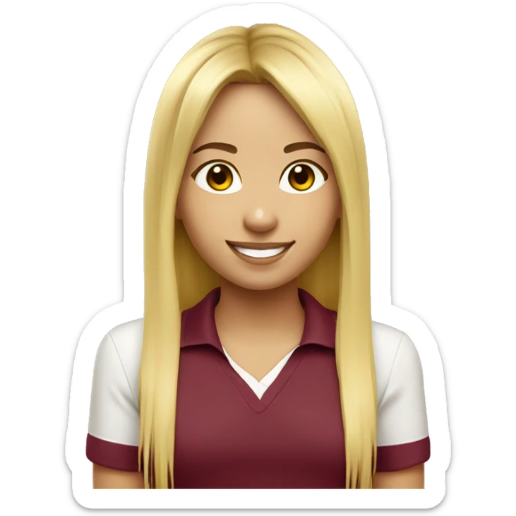 a mid length hair with curtain bangs beautiful girl smiling. wearing a light yellow polo with maroon identification lanyard  sticker