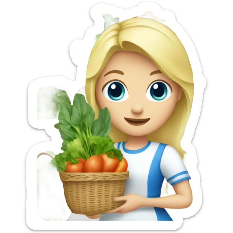 Blonde girl with blue eyes wearing a dress carrying baskets of vegetables and greens sticker